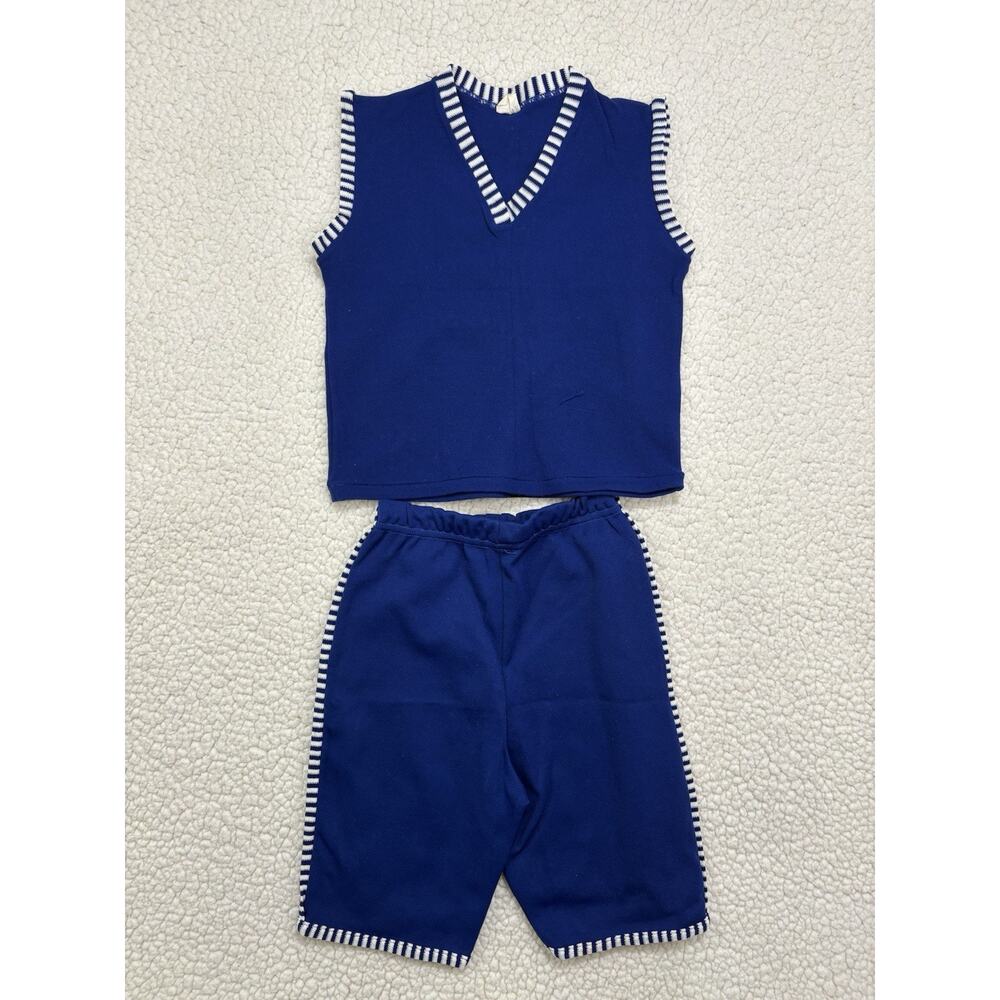 Vintage 2pc Set Boys Size‎ 7-8 Retro Summer Beach Tank Shorts Stretch Nylon Blue